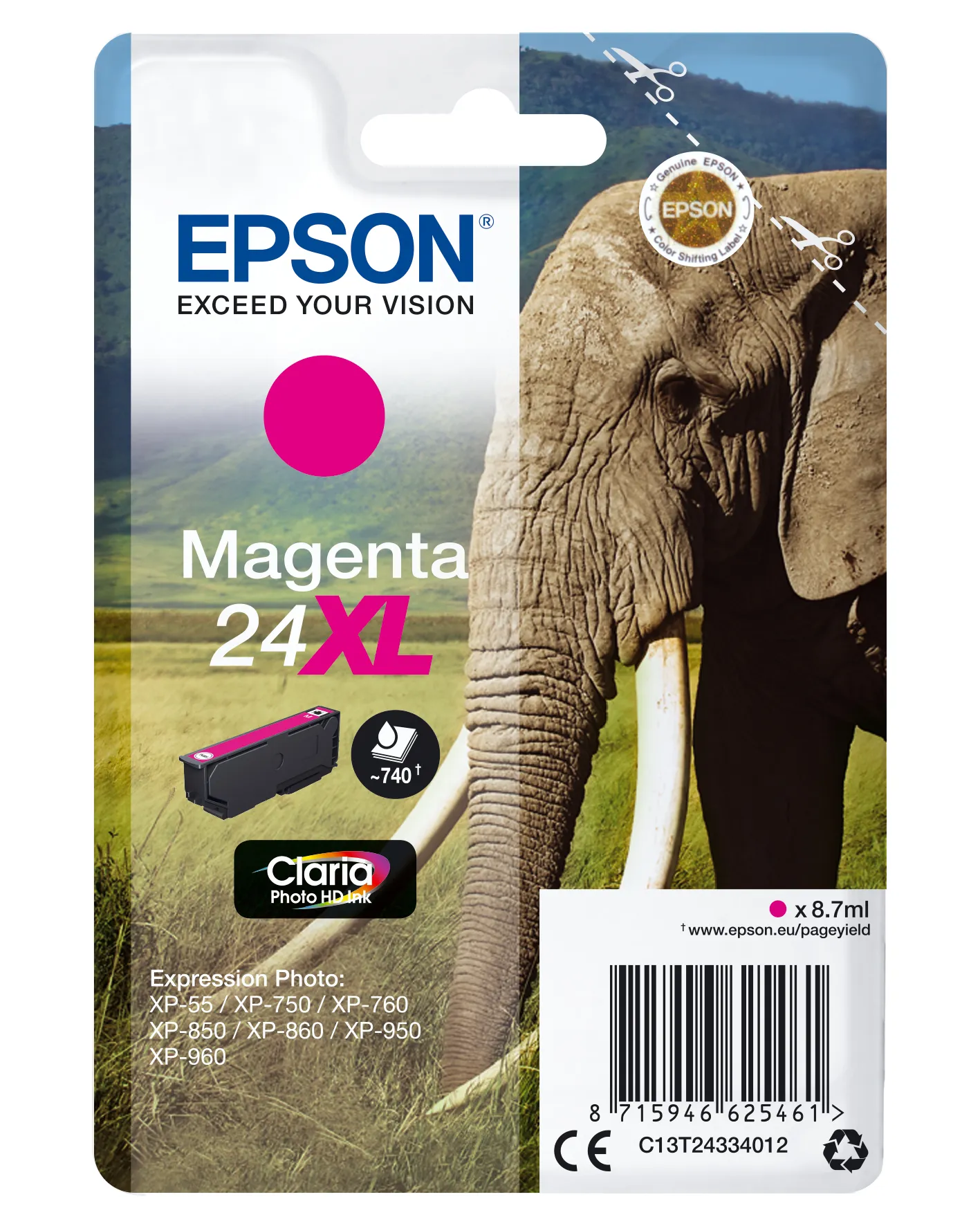 Epson 24XL - 8.7 ml - XL-koko - magenta - alkuper&auml;inen - blister RF-h&auml;lyttimell&auml; - mustepatruuna malleihin Expression Photo XP-55, 750, 760, 850, 860, 950, 960,