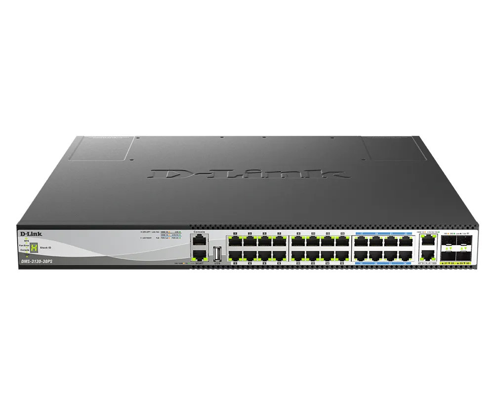 D-Link DMS-3130-30PS/E - Hallittava 30-porttinen Layer 3 pinottava Multi-Gigabit PoE -kytkin, Musta
