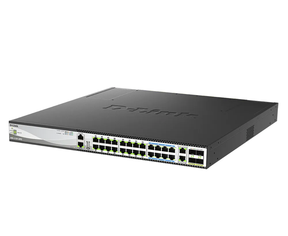 D-Link DMS-3130-30PS/E - Hallittava 30-porttinen Layer 3 pinottava Multi-Gigabit PoE -kytkin, Musta
