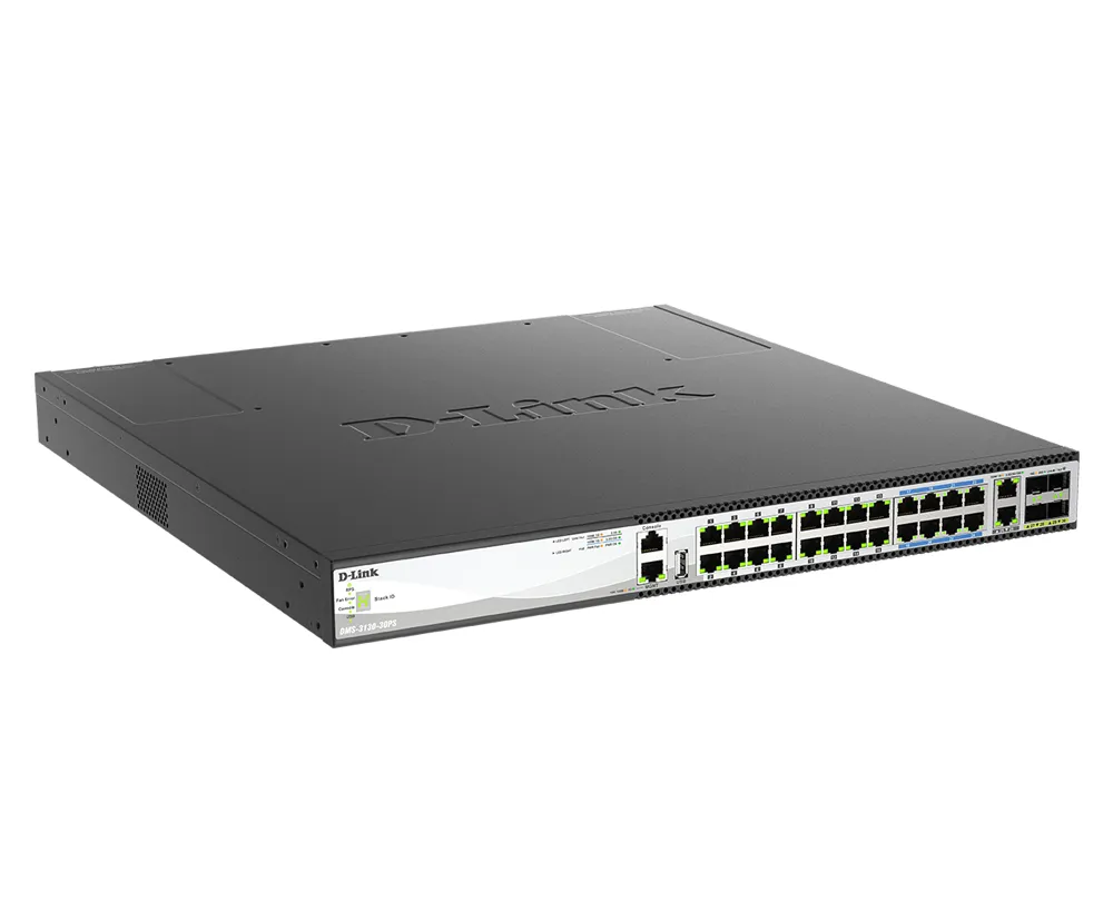 D-Link DMS-3130-30PS/E - Hallittava 30-porttinen Layer 3 pinottava Multi-Gigabit PoE -kytkin, Musta
