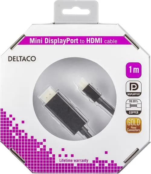 Deltaco mini DisplayPort &ndash; HDMI - cable, 1 m, Black