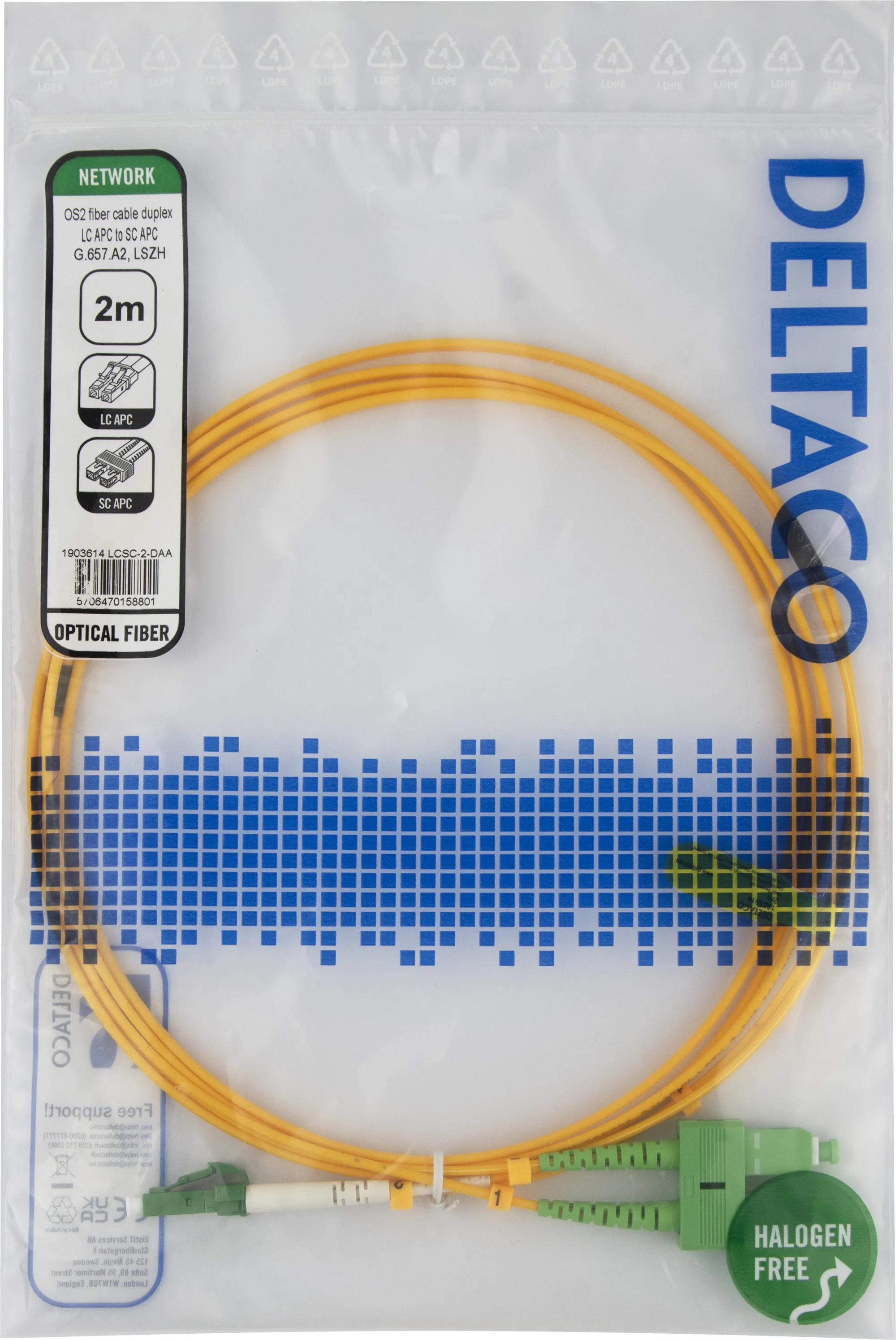 Deltaco OS2 LSZH LC/APC-SC/APC 2m Fiber Optic Cable, Yellow