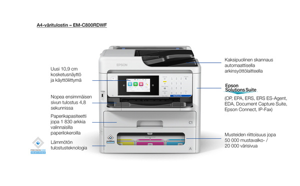 EPSON WorkForce Pro EM-C800RDWF MFP colour inkjet A4 25ppm Print 330sheets USB LAN Wi-Fi