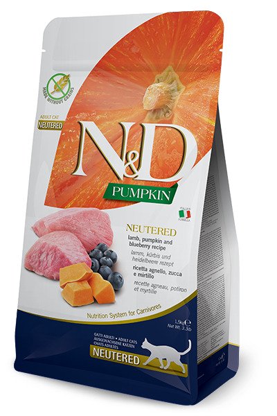 Farmina N&amp;D Pumpkin Lamb and Blueberry Neutered, Torrfoder f&ouml;r katt, Adult, 1,5 kg