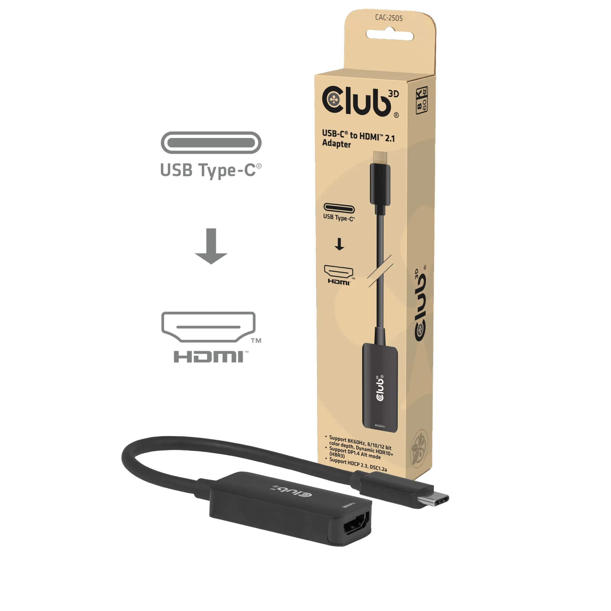 Club 3D CAC-2505 USB-C to HDMI 2.1 Adapter, 8K 60Hz, 0.1 m, Black