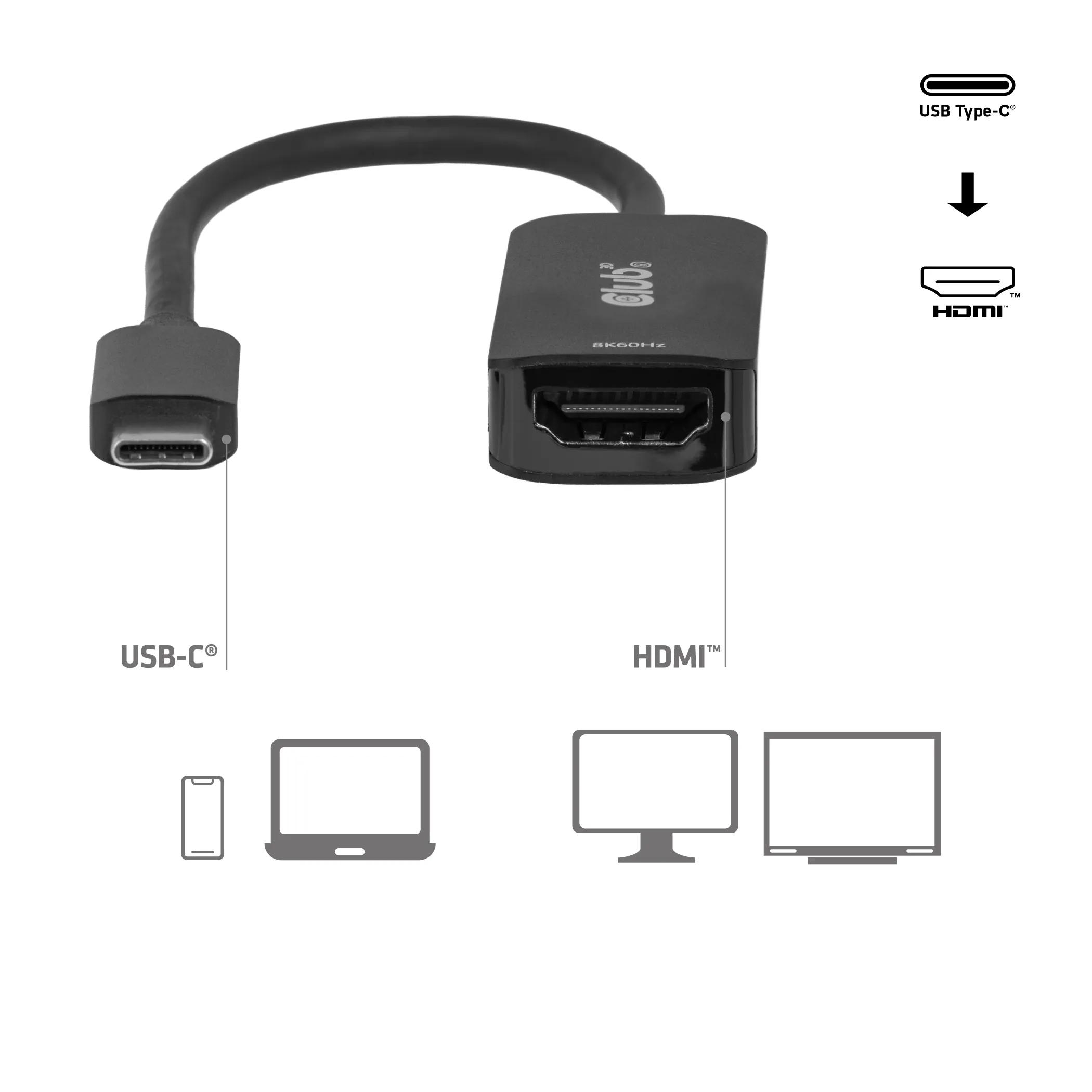 Club 3D CAC-2505 USB-C to HDMI 2.1 Adapter, 8K 60Hz, 0.1 m, Black