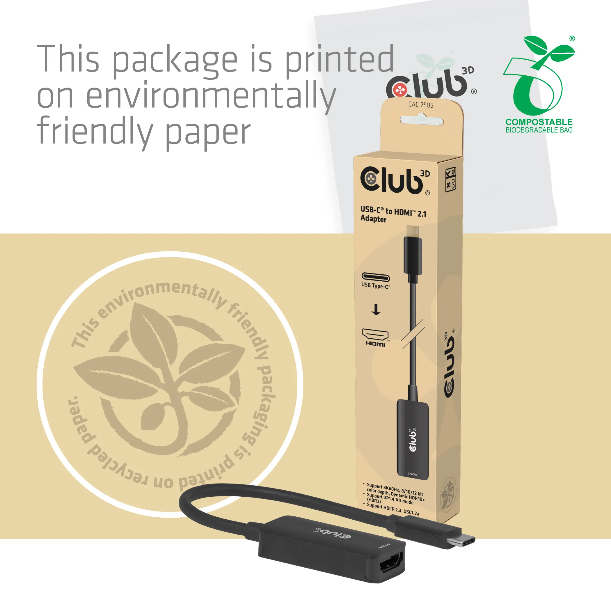 Club 3D CAC-2505 USB-C to HDMI 2.1 Adapter, 8K 60Hz, 0.1 m, Black