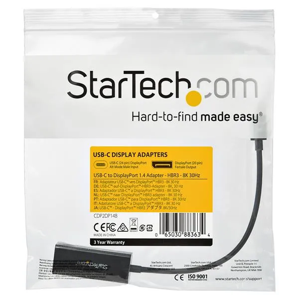 STARTECH.COM USB-C to DisplayPort Adapter 8K 30Hz HBR3 Adapter Thunderbolt 3 Video Dongle for DP 1.4 Monitor & Display