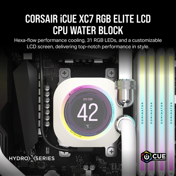Corsair CPU water block, XC7 ELITE LCD (Intel 1700/AMD AM4, AM5 sockets), Valkoinen