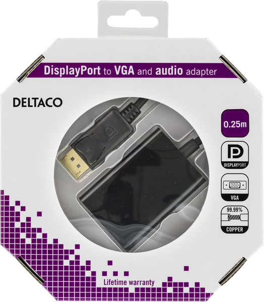 DELTACO DisplayPort - VGA-sovitin, &auml;&auml;niulostulo, Full HD 60Hz, musta