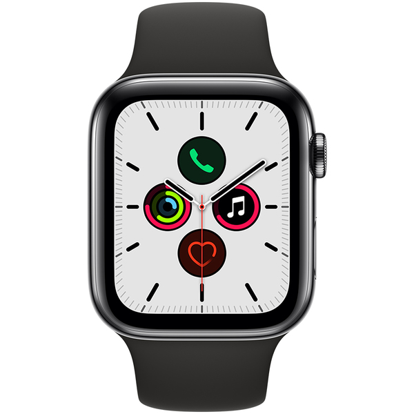 Apple Watch Series 5 GPS + Cellular, 44 mm t&auml;htimusta ruostumaton ter&auml;skuori ja musta urheiluranneke
