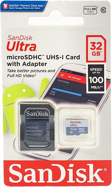 SanDisk Ultra PLUS 32GB MicroSDHC UHS-I U1 Class 10 V10 A1 card with SD adapter