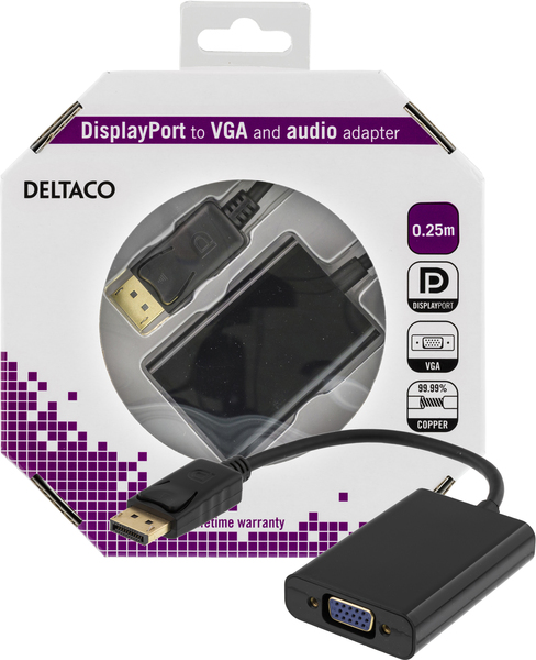 DELTACO DisplayPort - VGA-sovitin, &auml;&auml;niulostulo, Full HD 60Hz, musta