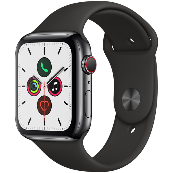 Apple Watch Series 5 GPS + Cellular, 44mm Space Black Stainless Steel Case with Black Sport Band - S/M &amp; M/L
