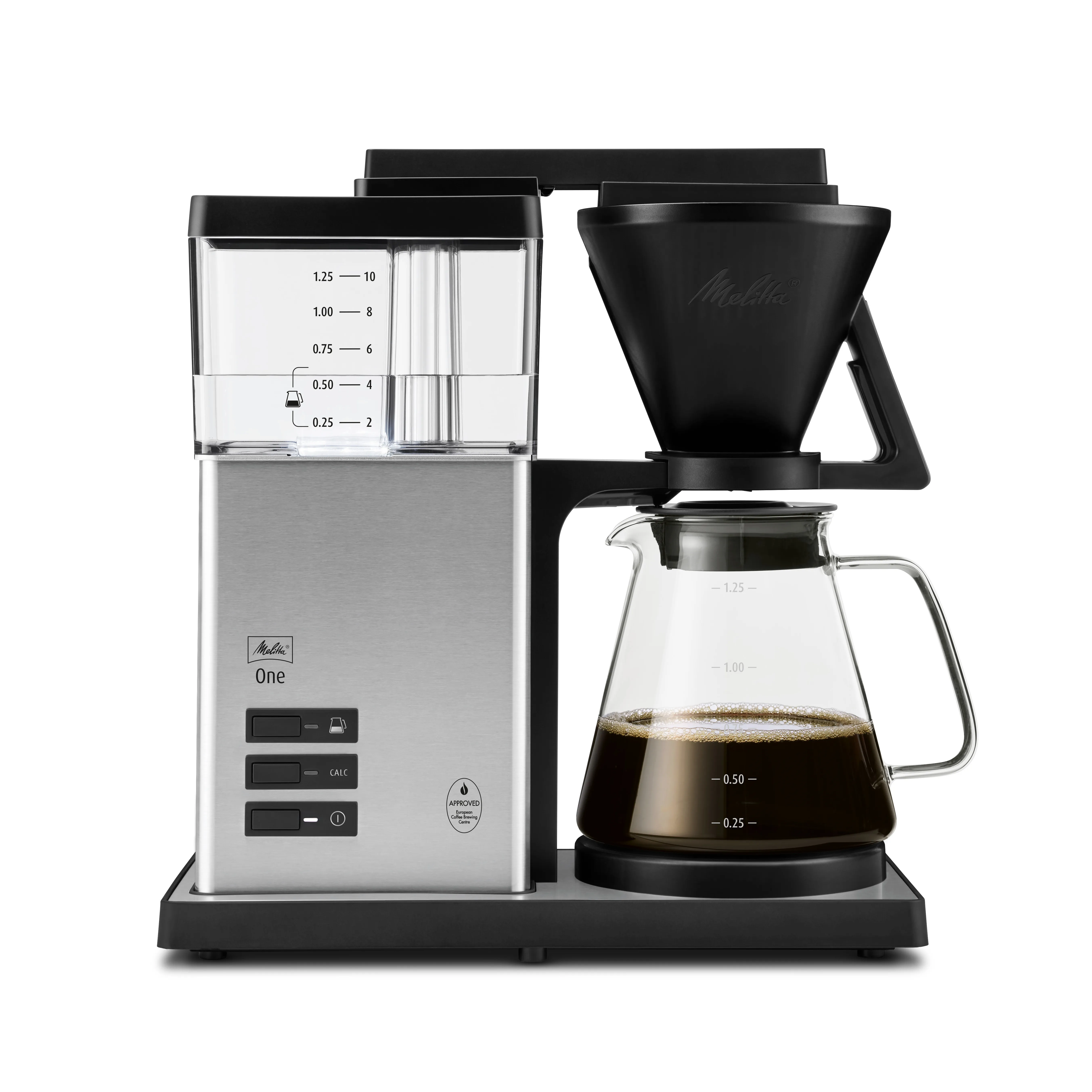 Melitta One -kahvinkeitin, musta, Ruostumaton teräs, Läpinäkyvä