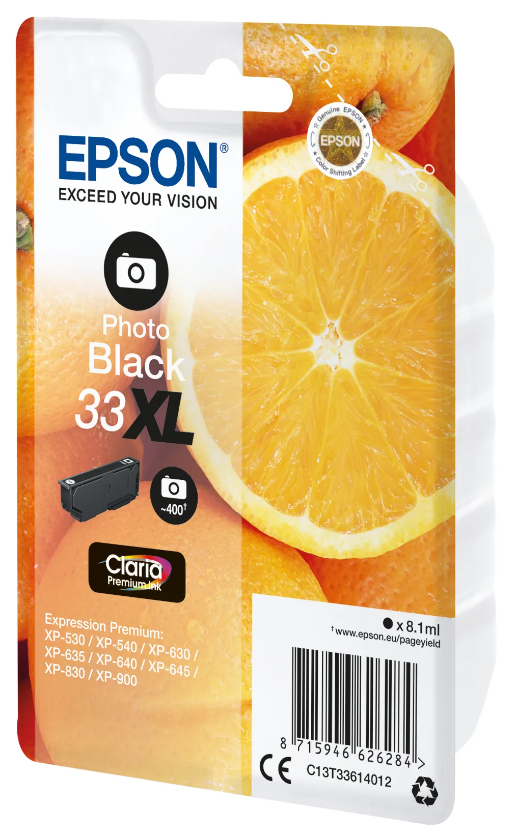 Epson 33XL - 8.1 ml - XL-koko - valokuvamusta (photo black) - alkuperäinen - blister RF:llä/äänihälyttimellä - mustepatruuna malleihin Expression Home XP-635, 8 Epson 33XL - 8.1 ml - XL-koko - valokuvamusta (photo black) - alkuperäinen - blister RF:llä/äänihälyttimellä - mustepatruuna malleihin Expression Home XP-635, 8