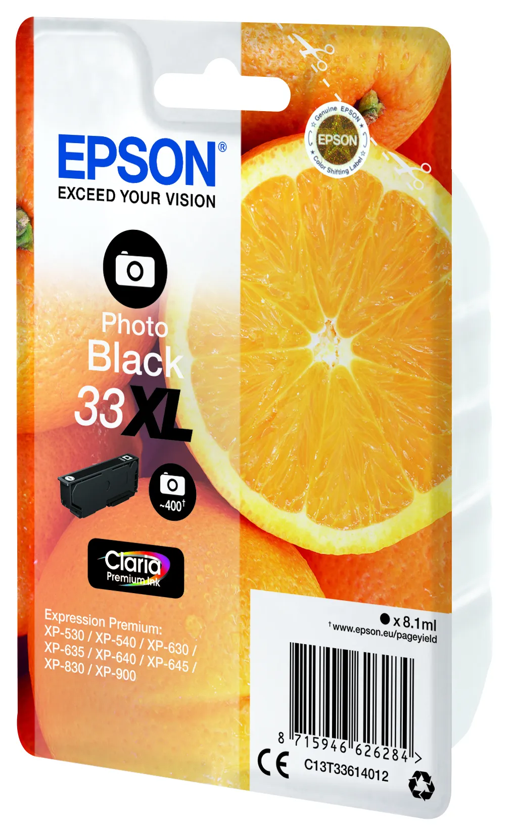 Epson 33XL - 8.1 ml - XL-koko - valokuvamusta (photo black) - alkuperäinen - blister RF:llä/äänihälyttimellä - mustepatruuna malleihin Expression Home XP-635, 8 Epson 33XL - 8.1 ml - XL-koko - valokuvamusta (photo black) - alkuperäinen - blister RF:llä/äänihälyttimellä - mustepatruuna malleihin Expression Home XP-635, 8