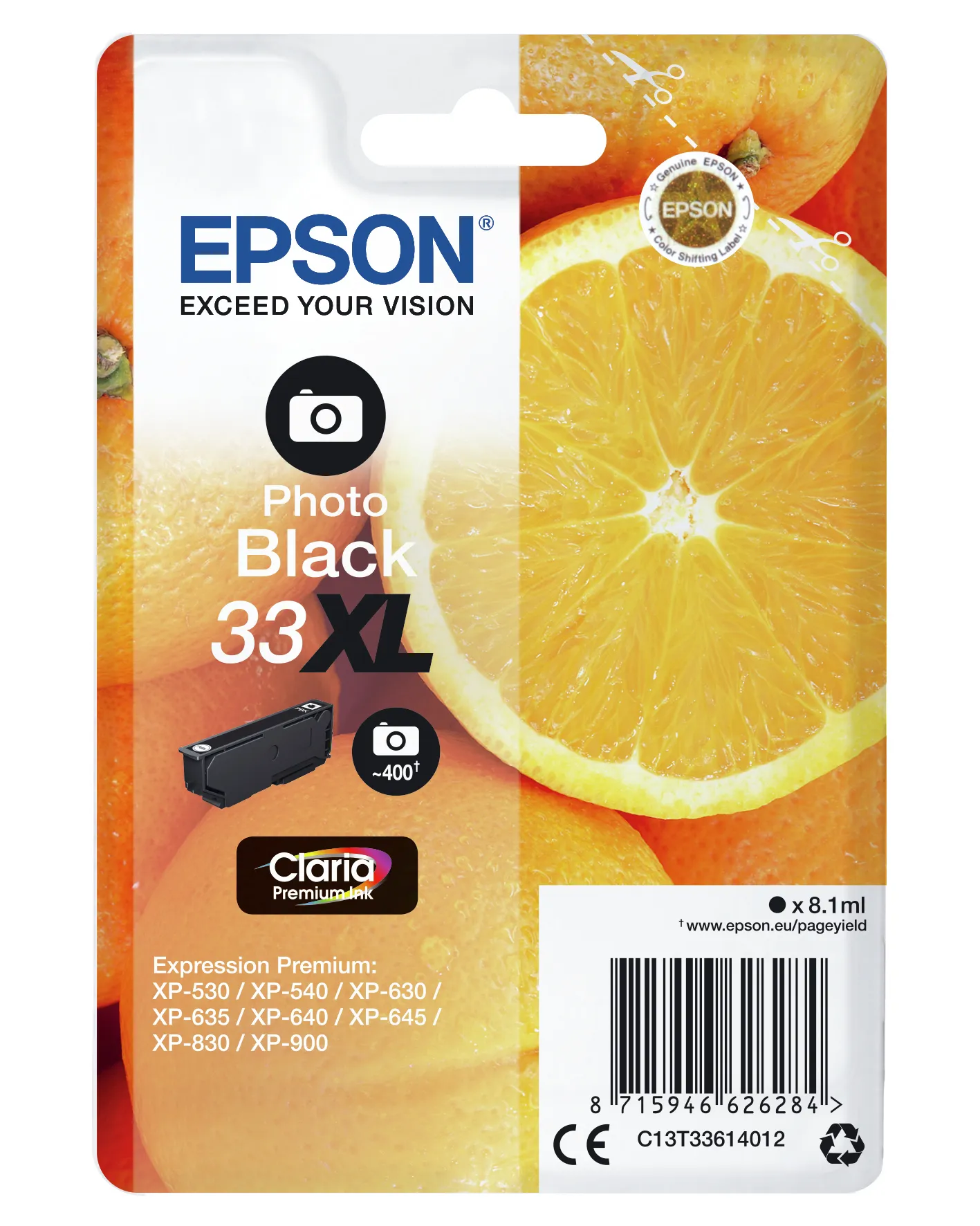 Epson 33XL - 8.1 ml - XL-koko - valokuvamusta (photo black) - alkuperäinen - blister RF:llä/äänihälyttimellä - mustepatruuna malleihin Expression Home XP-635, 8 Epson 33XL - 8.1 ml - XL-koko - valokuvamusta (photo black) - alkuperäinen - blister RF:llä/äänihälyttimellä - mustepatruuna malleihin Expression Home XP-635, 8