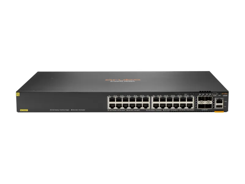 HPE Aruba 6300F - Kytkin - L3 - Hallinnoitu - 24 x 10/100/1000 (PoE+) + 4 x 50 Gigabit Ethernet SFP56 - ilmavirtaus edest&auml; taaksep&auml;in - r&auml;kkiin asennettava - Po