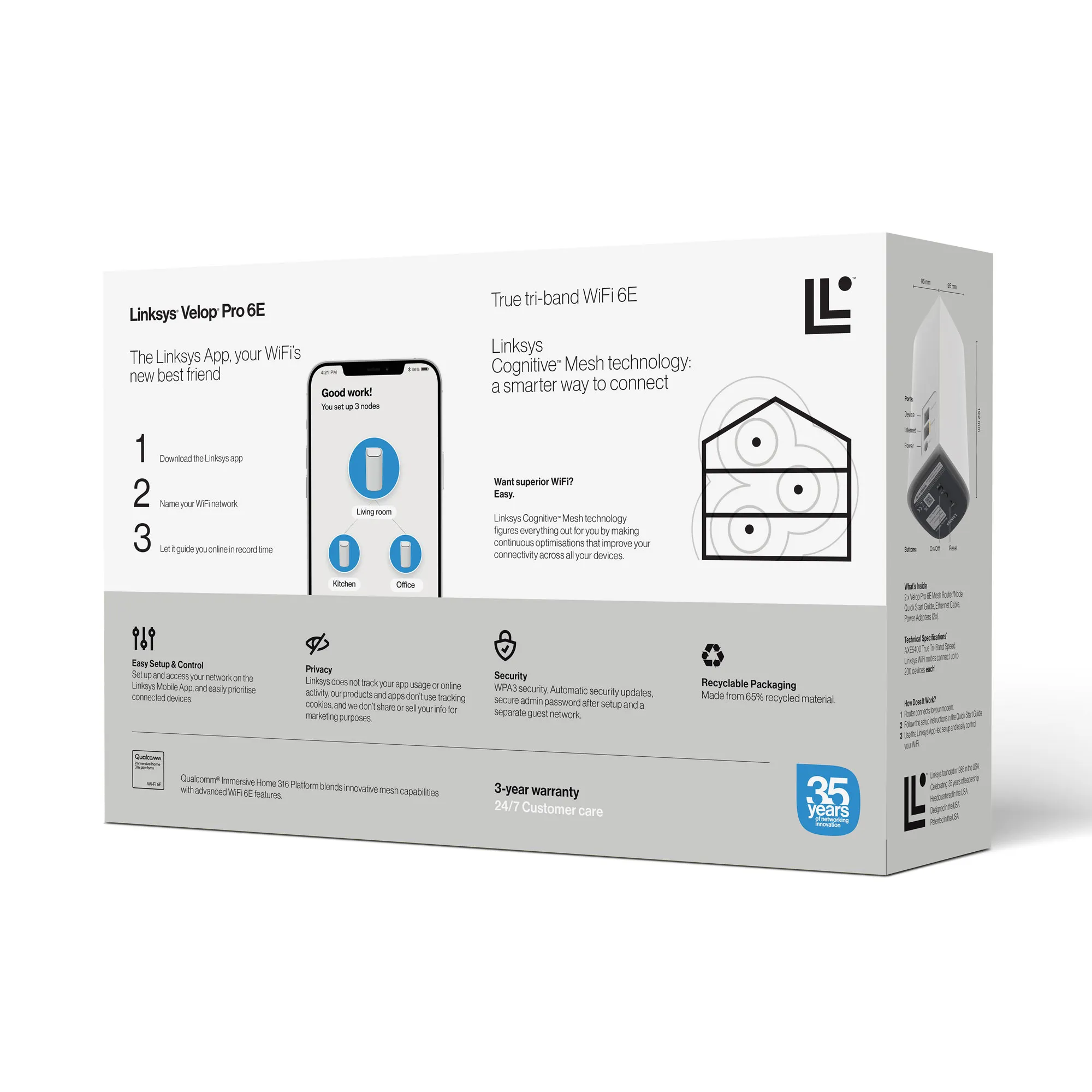 Linksys Velop Pro 6E MX6202-KE mesh WiFi-system, Wi-Fi 6E, Tri-band, 2 st, vit