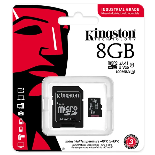 Kingston Industrial C10 A1 8 Gt MicroSDHC -muistikortti + SD-adapteri
