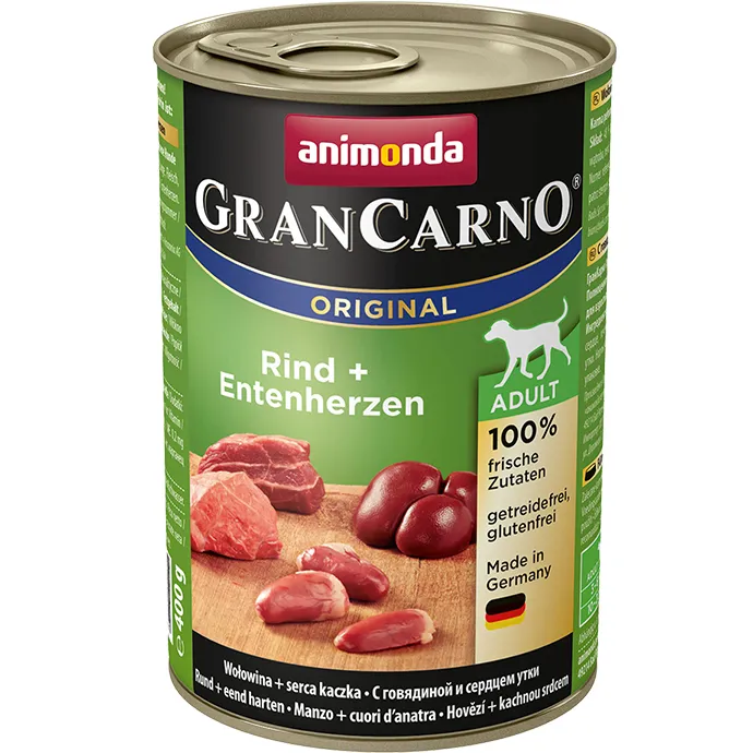 Animonda GranCarno Original Adult Beef and Duck Hearts, Wet food for dogs, Grain Free, 400g
