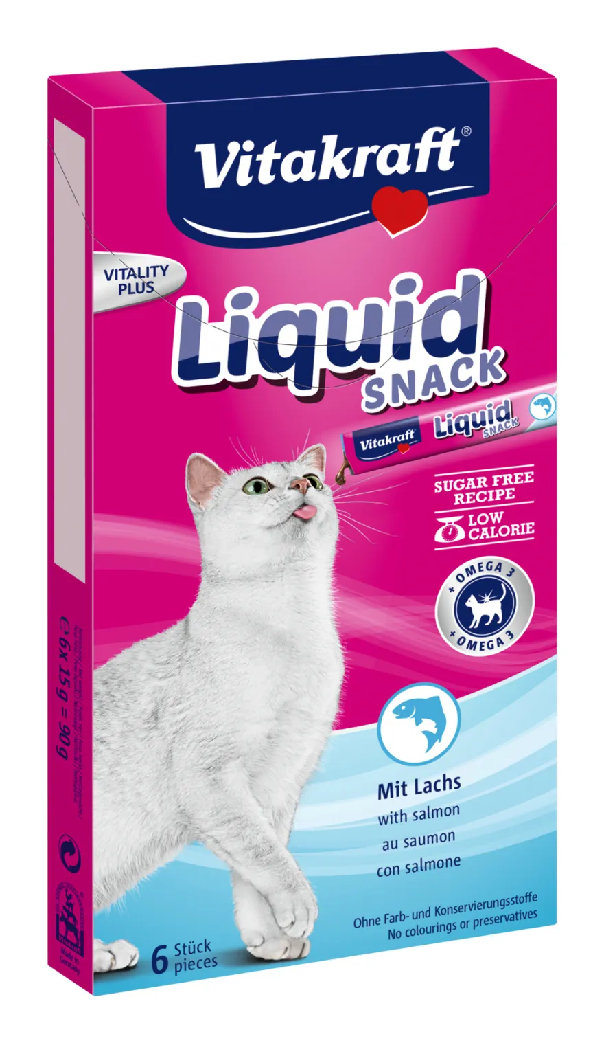 Vitakraft Liquid Snack Salmon, Wet food for cats, Kitten (3+ months) and Adult, 6 x 15g
