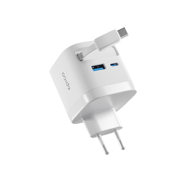 Epico UltraBoost Retractable GaN 65W Wall Charger EA65c | With Built-in Cable | White | Three Outputs