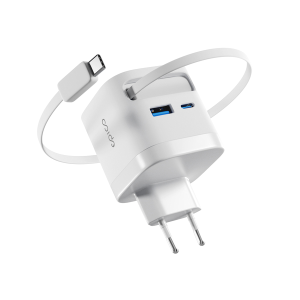 Epico UltraBoost Retractable GaN 65W Wall Charger EA65c | With Built-in Cable | White | Three Outputs
