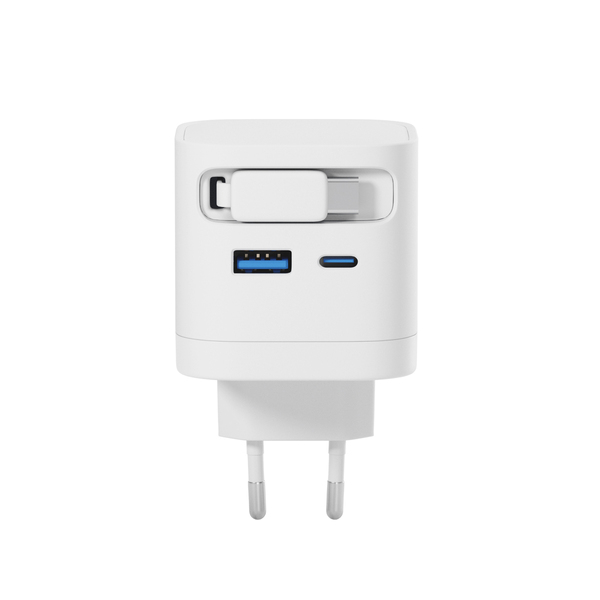 Epico UltraBoost Retractable GaN 65W Wall Charger EA65c | With Built-in Cable | White | Three Outputs