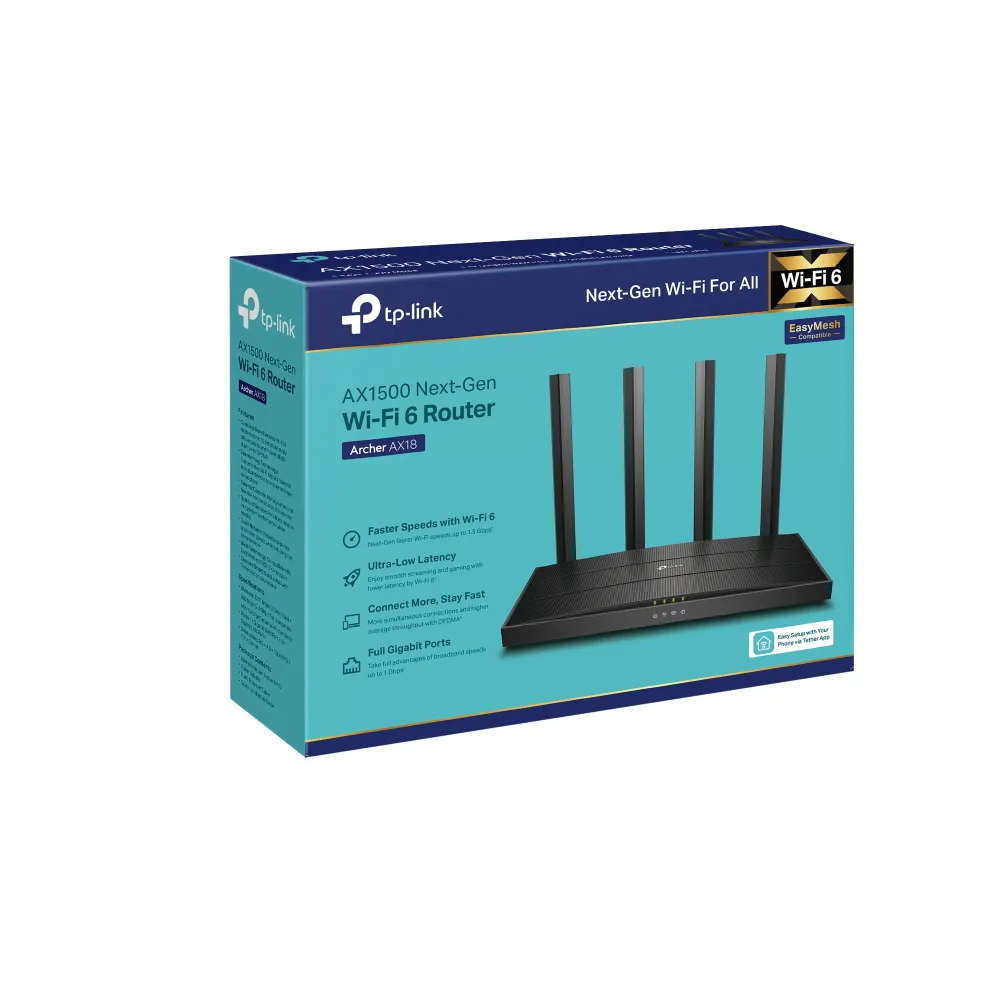 TP-Link Archer AX18(EU) Router, Wi-Fi 6, AX1500, Dual-band, Black