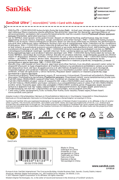 SanDisk 16 Gt Ultra, UHS-I Class 10 MicroSDHC -muistikortti + SD-adapteri