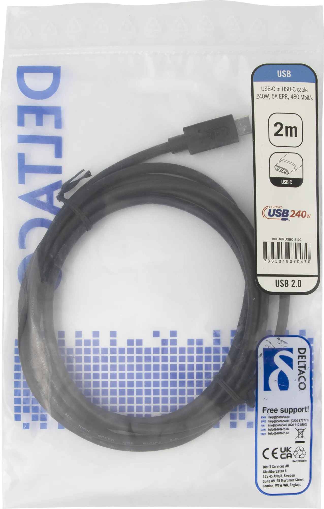 Deltaco USB-C - USB-C EPR 240W USB 2.0 - cable, Black, 2m