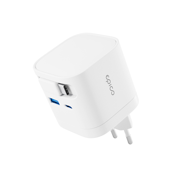Epico UltraBoost Retractable GaN 65W Wall Charger EA65c | With Built-in Cable | White | Three Outputs