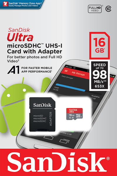 SanDisk 16GB Ultra, UHS-I Class 10 MicroSDHC - memory card + SD adapter