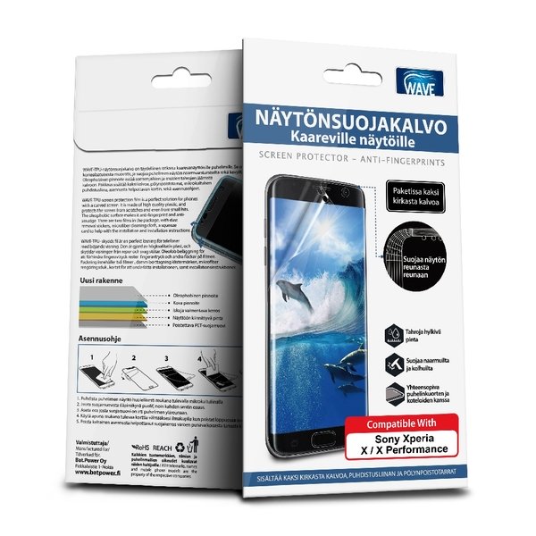 WAVE TPU N&Auml;YT&Ouml;NSUOJAKALVO kaareville n&auml;yt&ouml;ille - Sony Xperia X ja X Performance. Suojaa puhelimesi reunasta reunaan. Pakkauksessa kaksi kalvoa, puhdistusliina,