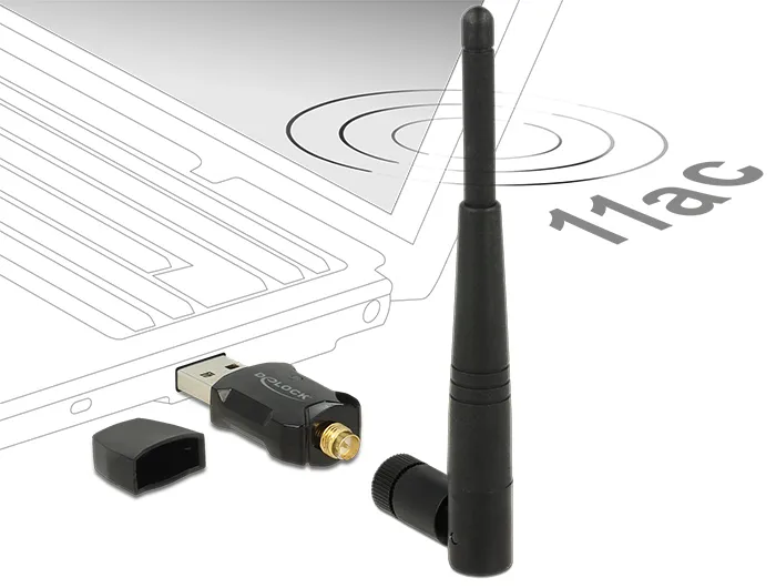 DeLOCK langaton USB-verkkokortti, ulkoinen antenni, 802.11ac, musta