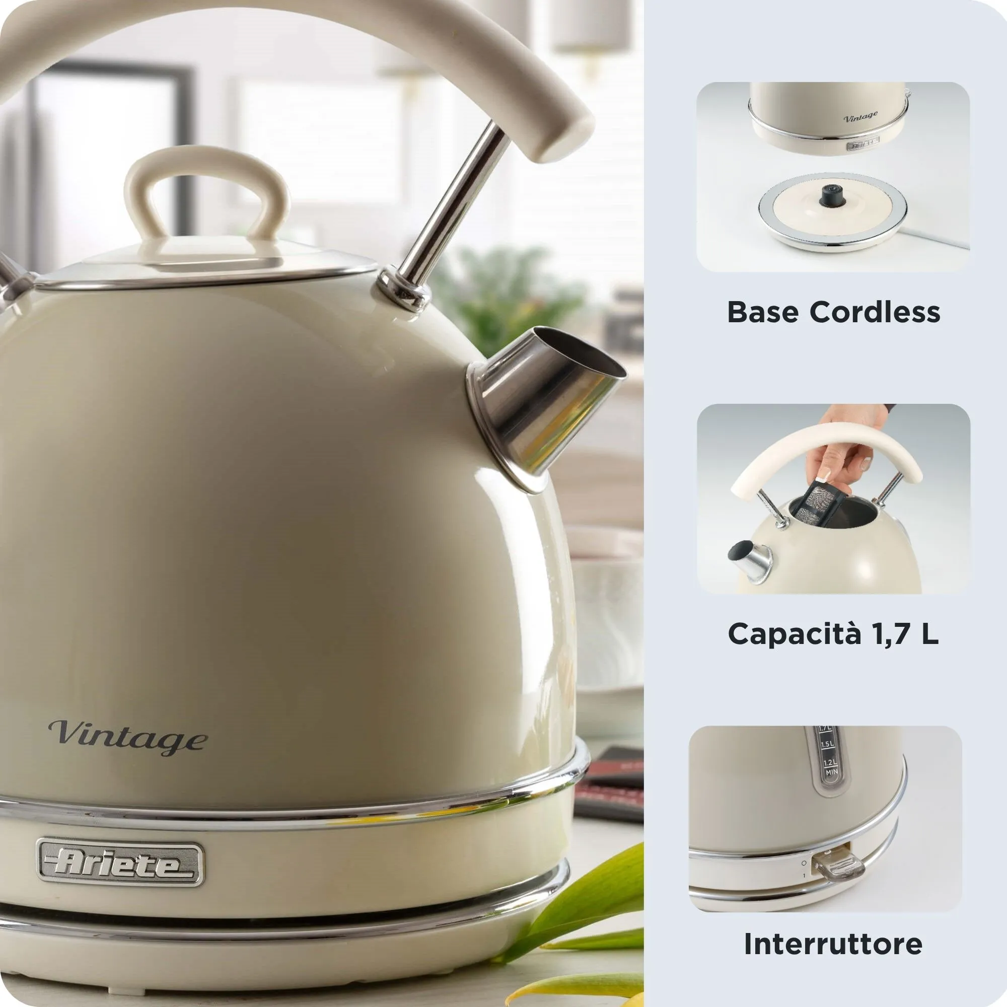 Ariete Vintage 2877CR kettle, 1.7L, 2000W, Beige
