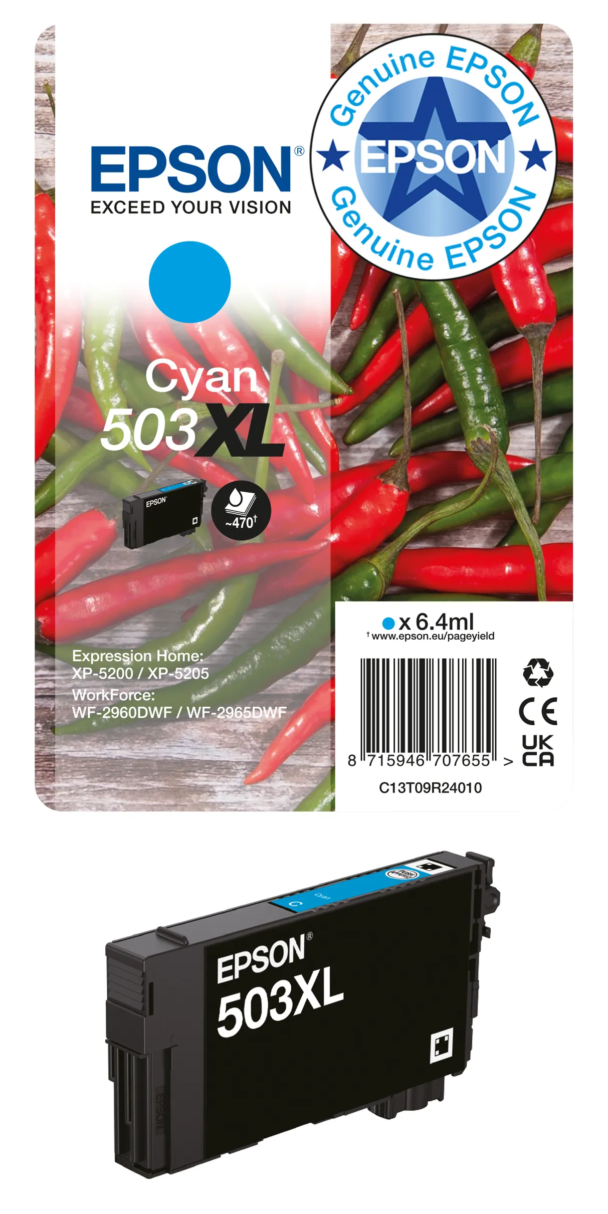 Epson 503XL C13T09R24020 XL-mustekasetti, 6.4 ml, syaani