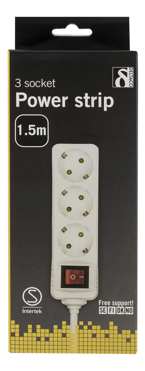 Deltaco GT-116A 3-osainen jatkojohto, 1,5m, Valkoinen