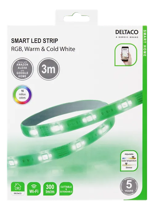 Deltaco Smart Home LED-list, RGB, 2700K-6500K, 3m, WiFi 2,4GHz, white