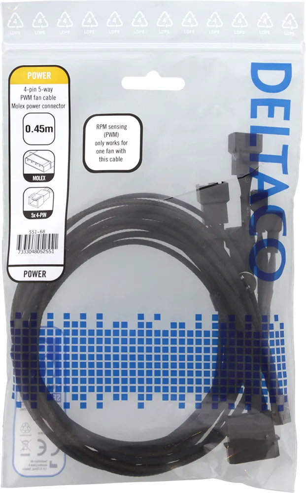 DELTACO splitter för PWM-fläktar, 4-pin till 5x4-pin ho, Molex ström