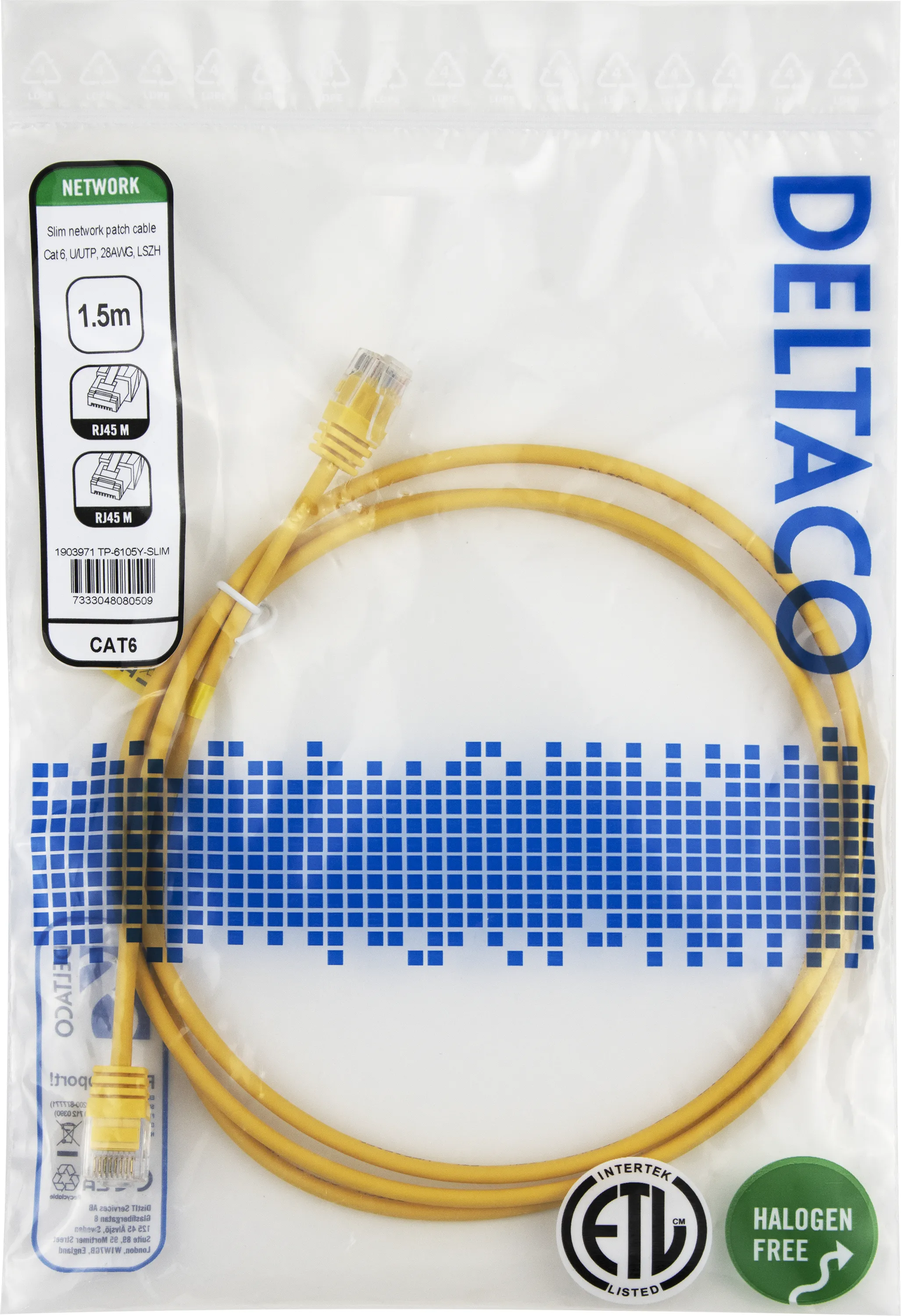 Deltaco Cat6 UTP RJ45 1.5m n&auml;tverkskabel, gul