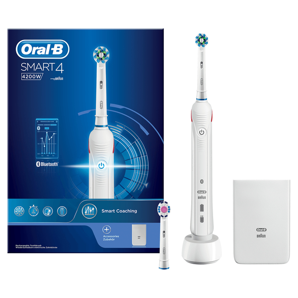 BRAUN S&Auml;HK&Ouml;HAMMASHARJA ORAL-B SMART4200W. Litiumi-akulla ja Premium laturilla. 3D-puhdistusliike ja kolme harjausasetusta auttavat sinua pit&auml;m&auml;&auml;n hampaasi puhta