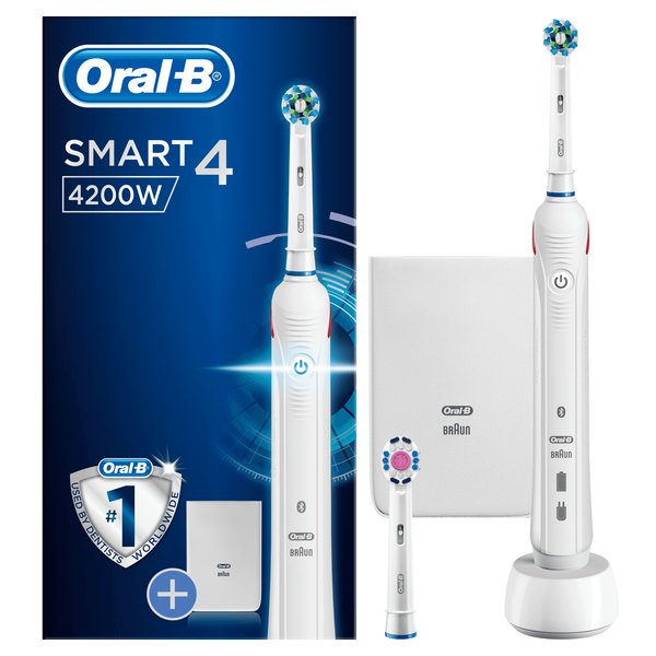 BRAUN S&Auml;HK&Ouml;HAMMASHARJA ORAL-B SMART4200W. Litiumi-akulla ja Premium laturilla. 3D-puhdistusliike ja kolme harjausasetusta auttavat sinua pit&auml;m&auml;&auml;n hampaasi puhta