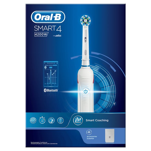 BRAUN S&Auml;HK&Ouml;HAMMASHARJA ORAL-B SMART4200W. Litiumi-akulla ja Premium laturilla. 3D-puhdistusliike ja kolme harjausasetusta auttavat sinua pit&auml;m&auml;&auml;n hampaasi puhta
