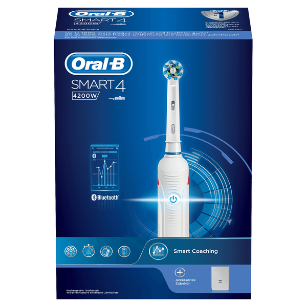 BRAUN S&Auml;HK&Ouml;HAMMASHARJA ORAL-B SMART4200W. Litiumi-akulla ja Premium laturilla. 3D-puhdistusliike ja kolme harjausasetusta auttavat sinua pit&auml;m&auml;&auml;n hampaasi puhta