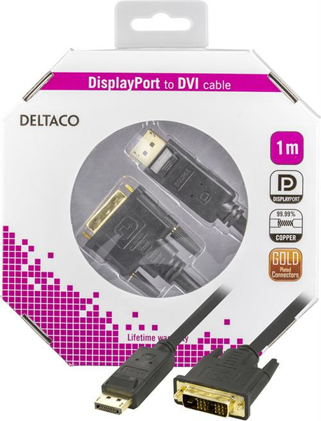 Deltaco DisplayPort &ndash; DVI-D - cable, Single, 1 m, Black