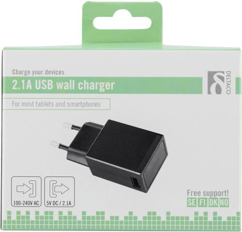 DELTACO Sein&auml;laturi 230V - 5V USB, 2.1A, 1x USB-portti, musta