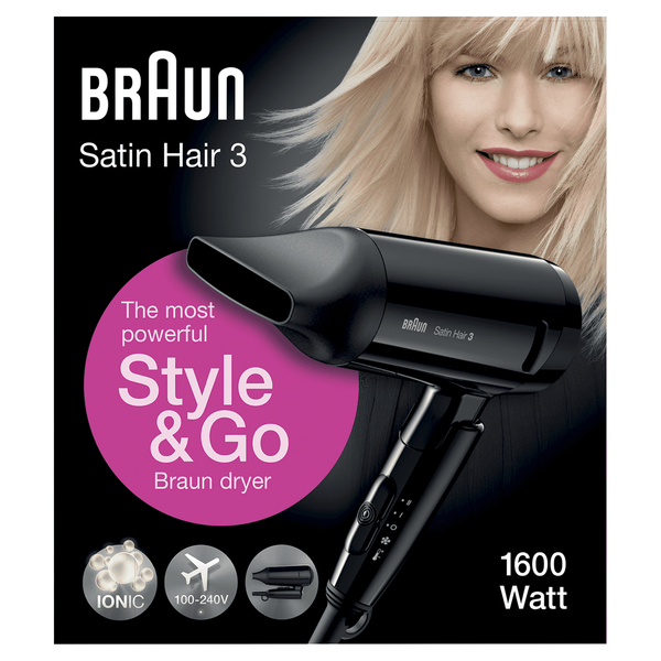 Braun Satin Hair 3 Style&Go HD350 -hiustenkuivaaja, musta
